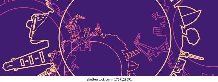 Circle with sea shipping and travel relative silhouettes. Objects located around the circle. Industrial design background.