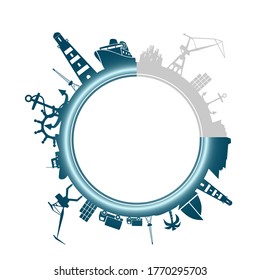 Circle with sea shipping and travel relative silhouettes. Objects located around the circle. Industrial design background. Progress or loading bar