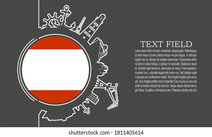 Circle with sea shipping and travel relative silhouettes. Objects located around the circle. Industrial design background. Field for text. Flag of Antwerp