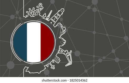 Circle with sea shipping and travel relative silhouettes. Objects located around the circle. Industrial design background. Field for text. Flag of France