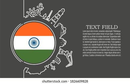 Circle with sea shipping and travel relative silhouettes. Objects located around the circle. Industrial design background. Field for text. Flag of India