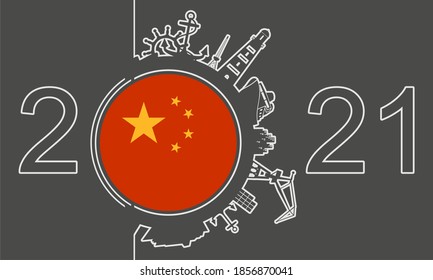 Circle with sea shipping and travel relative silhouettes. Objects located around the circle. Industrial design background. Field for text. Flag of China. 2021 year number