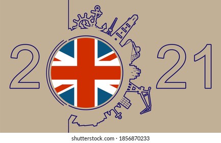 Circle with sea shipping and travel relative silhouettes. Objects located around the circle. Industrial design background. Field for text. Flag of United Kingdom. 2021 year number