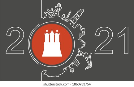 Circle with sea shipping and travel relative silhouettes. Objects located around the circle. Industrial design background. Field for text. Flag of Hamburg. 2021 year number