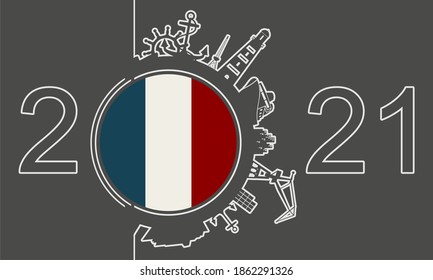 Circle with sea shipping and travel relative silhouettes. Objects located around the circle. Industrial design background. Field for text. Flag of France. 2021 year number
