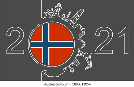 Circle with sea shipping and travel relative silhouettes. Objects located around the circle. Industrial design background. Field for text. Flag of Norway. 2021 year number