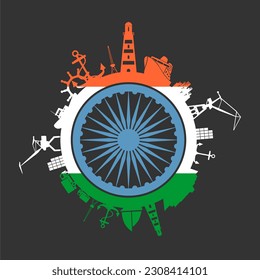 Circle with sea shipping and travel relative silhouettes. Objects located around the circle. Industrial design background. Flag of India