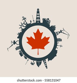 Circle with sea shipping and travel relative silhouettes. Vector illustration. Objects located around the circle. Industrial design background. Canada flag in the center.