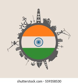 Circle with sea shipping and travel relative silhouettes. Vector illustration. Objects located around the circle. Industrial design background. India flag in the center.