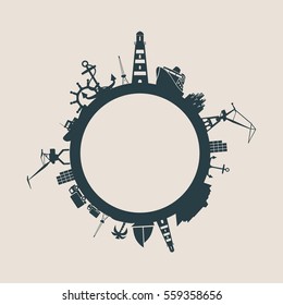 Circle with sea shipping and travel relative silhouettes. Vector illustration. Objects located around the circle. Industrial design background.