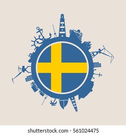 Circle with sea shipping and travel relative silhouettes. Vector illustration. Objects located around the circle. Industrial design background. Sweden flag in the center.