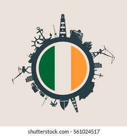 Circle with sea shipping and travel relative silhouettes. Vector illustration. Objects located around the circle. Industrial design background. Ireland flag in the center.