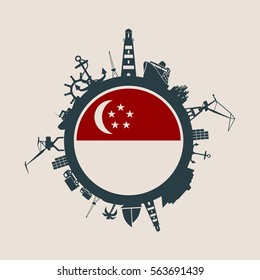 Circle with sea shipping and travel relative silhouettes. Vector illustration. Objects located around the circle. Industrial design background. Singapore flag in the center.