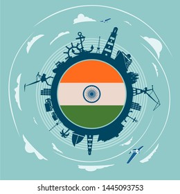 Circle with sea shipping and travel silhouettes. Objects located around the circle. Flag of the India in the center of circle. Cloudscape with airplanes