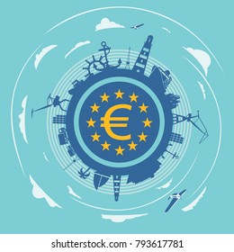 Circle with sea shipping and travel silhouettes. Objects located around the circle. Euro money sign in the circle. Modern brochure, report or leaflet design template. Cloudscape with airplanes
