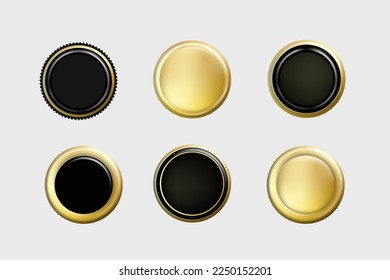 Circle seal premium stamp sticker, gold and black tag label, vector badge set.