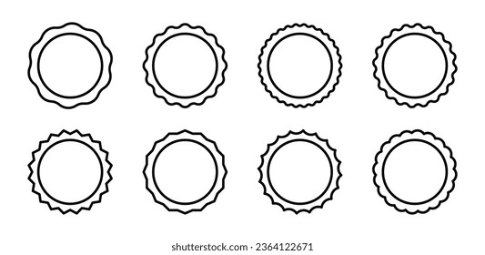 Circle seal stamp icons. Vintage wavy edge circle sticker. Star burst shape tags. Blank sale round sticker. Simple line circle wax seal. Vector illustrations set isolated on white background.