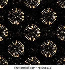 Circle seamless with golden dots. Vector Monochrome Pattern. Retro black and gold seamless dotted circle background