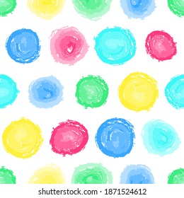 Circle seamless pattern. Abstract baby background with round brush strokes. Curtain pattern. Hand drawn texture. Stylish polka dot. Doodles round spots vector background. Vector stock illustration. 