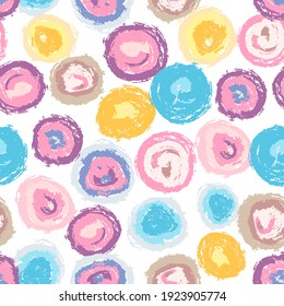 Patrón sin fisuras de círculo. Resumen del fondo del bebé con pinceladas redondas. Patrón de cortina. Textura dibujada a mano. Punto de polka elegante. Los garabatos redondean el fondo vectorial de las manchas. Ilustración de material vectorial. 