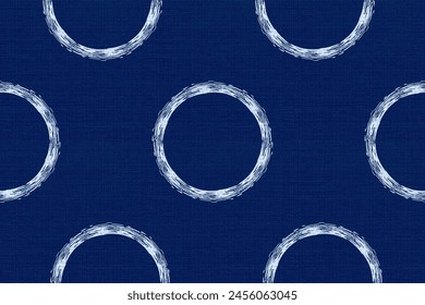 Circle seamless pattern.Ethnic ikat traditional Japanese blue with fabric texture background.Asian tie dry indigo blue.Design for wallpaper, decorate,surface,textile,print product.Vector illustration