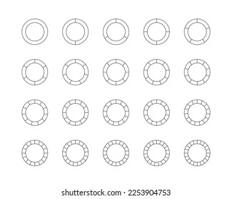 Circle section graph. Circular chart. Pie diagram divided into pieces. Set schemes with sectors. Round structure template with 3, 6, 9 elements. Piechart with segments and slices. Vector illustration