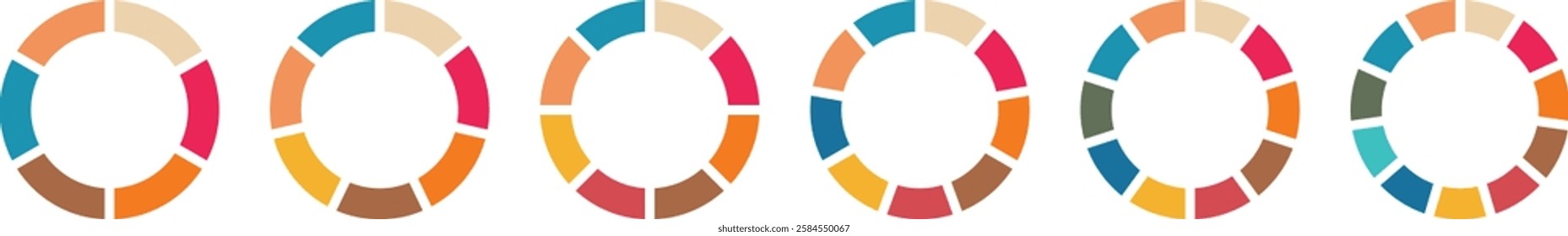 Circle section graph. Pie chart set. Pie charts diagrams. Different color circles isolated. Infographic element round shape. Vector. Pie chart divided 1,2,3,4,5,6,7,8,9,10,11,12 equal parts.