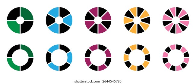 Circle section graph, Pie chart round. Loading bar set diagram multicolored collection. Different color circles. donut and pie chart infographic elements. Colorful diagram graphs. collection with, 1 t