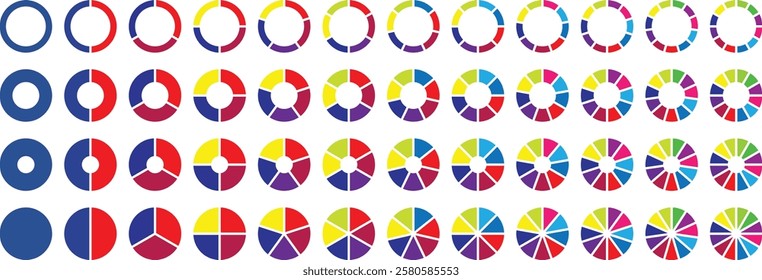 Circle section graph. Pie charts diagrams. Set of different color circles isolated. Infographic element round shape. Pie chart divided 3, 4, 5, 6, 7, 8, 9, 10, 11, 12 equal parts. Vector illustration.