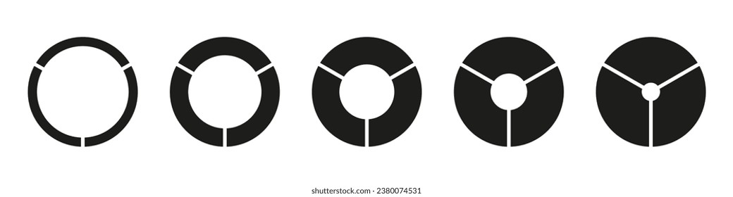 Circle section graphs. Wheels round divided, three sections. Diagrams infographic set. Pie chart icons. Donut charts or pies segmented on 3 equal parts. Geometric elements. Vector simple illustration.