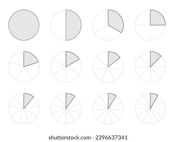 Circle sections and parts set vector illustration. Abstract pie chart slices geometric infographic collection, statistics diagram phases from 1 to 12 segments of circle with black line frames.