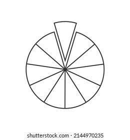 Circle segmented into 11 fractions. Pie or pizza shape cut in eleven equal slices in outline style. Round statistics chart example isolated on white background. Vector linear illustration