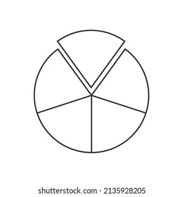 Circle segmented into 5 sectors. Pie or pizza shape cut in five equal slices. Outline round statistics chart example isolated on white background. Vector linear illustration