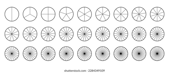 Circle segments collection. Pie diagrams set. Round sections and slices pack. From 2 to 28 segments of infographic charts. Different phases and stages of cycle. Vector 