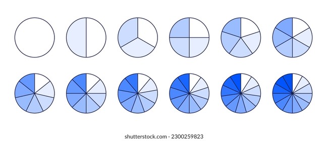 Circle segments collection. Shades of blue color pie diagrams set. Round sections and slices pack. From 1 to 12 segments of infographic charts. Different phases and stages of cycle. Vector bundle