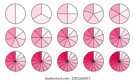 Circle segments collection. Shades of red pink color pie diagrams set. Round sections and slices pack. From 2 to 16 segments of infographic charts. Different phases and stages of cycle. Vector bundle