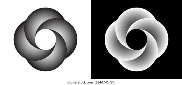 Circle with segments and gradients. Logo or icon for any project. Black shape on a white background and the same white shape on the black side.