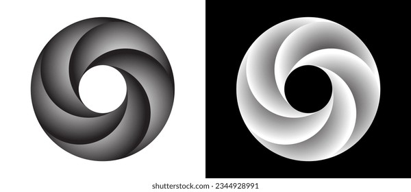 Circle with segments and gradients. Logo or icon for any project. Black shape on a white background and the same white shape on the black side.