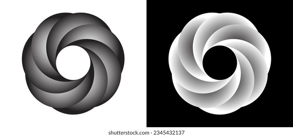 Circle with segments and gradients. Logo or icon for any project. Black shape on a white background and the same white shape on the black side.
