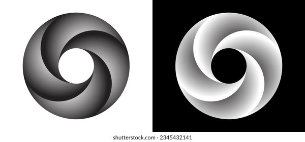 Circle with segments and gradients. Logo or icon for any project. Black shape on a white background and the same white shape on the black side.