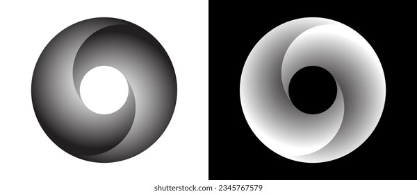Circle with segments and gradients. Logo or icon for any project. Black shape on a white background and the same white shape on the black side.