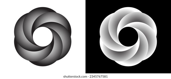 Kreis mit Segmenten und Farbverläufen. Logo oder Symbol für jedes Projekt. Schwarze Form auf weißem Hintergrund und dieselbe weiße Form auf schwarzer Seite.