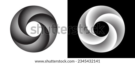 Circle with segments and gradients. Logo or icon for any project. Black shape on a white background and the same white shape on the black side.
