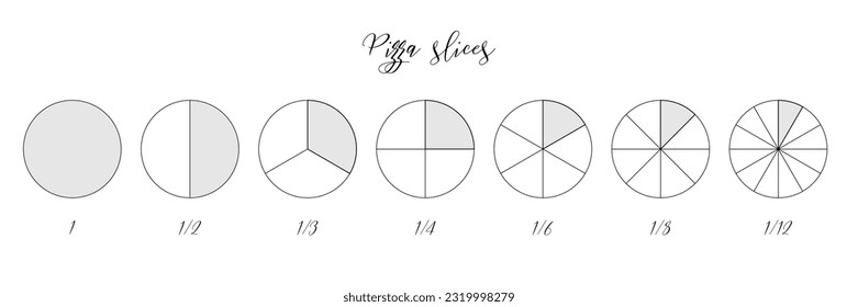 Circle segments of pie charts set vector illustration. Abstract infographic round diagram divides on 1 2 3 4 6 8 and 12 sections, black line geometric circular signs and Pizza slices calligraphy text