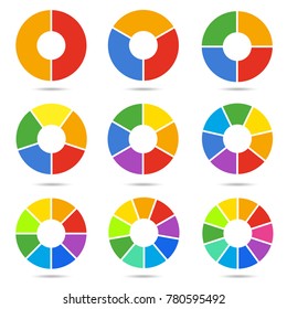 Circle segments set. Geometry circular segment symbols, bright sectors in a round shape. Vector flat style cartoon illustration isolated on white background