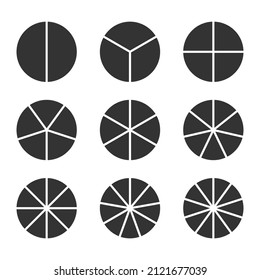 Circle segments set. Various number of sectors divide the circle on equal parts. Vector