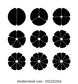 Circle segments set. Various number of sectors divide the circle on equal parts. From 2 to 10. Black flat fill. Rounded corners.