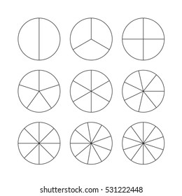 Circle segments set. Various number of sectors divide the circle on equal parts. From 2 to 10. Black thin outline graphics.