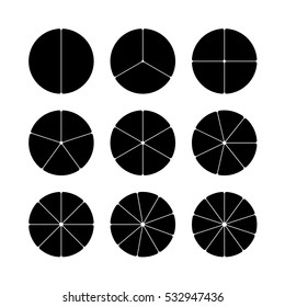 Circle segments set. Various number of sectors divide the circle on equal parts. From 2 to 10. Black flat fill. Slightly rounded corners.