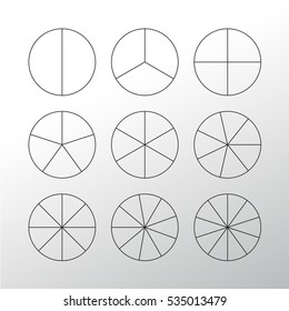 Circle segments set. Various number of sectors divide the circle on equal parts. From 2 to 10. Black thin outline graphics with no fill.